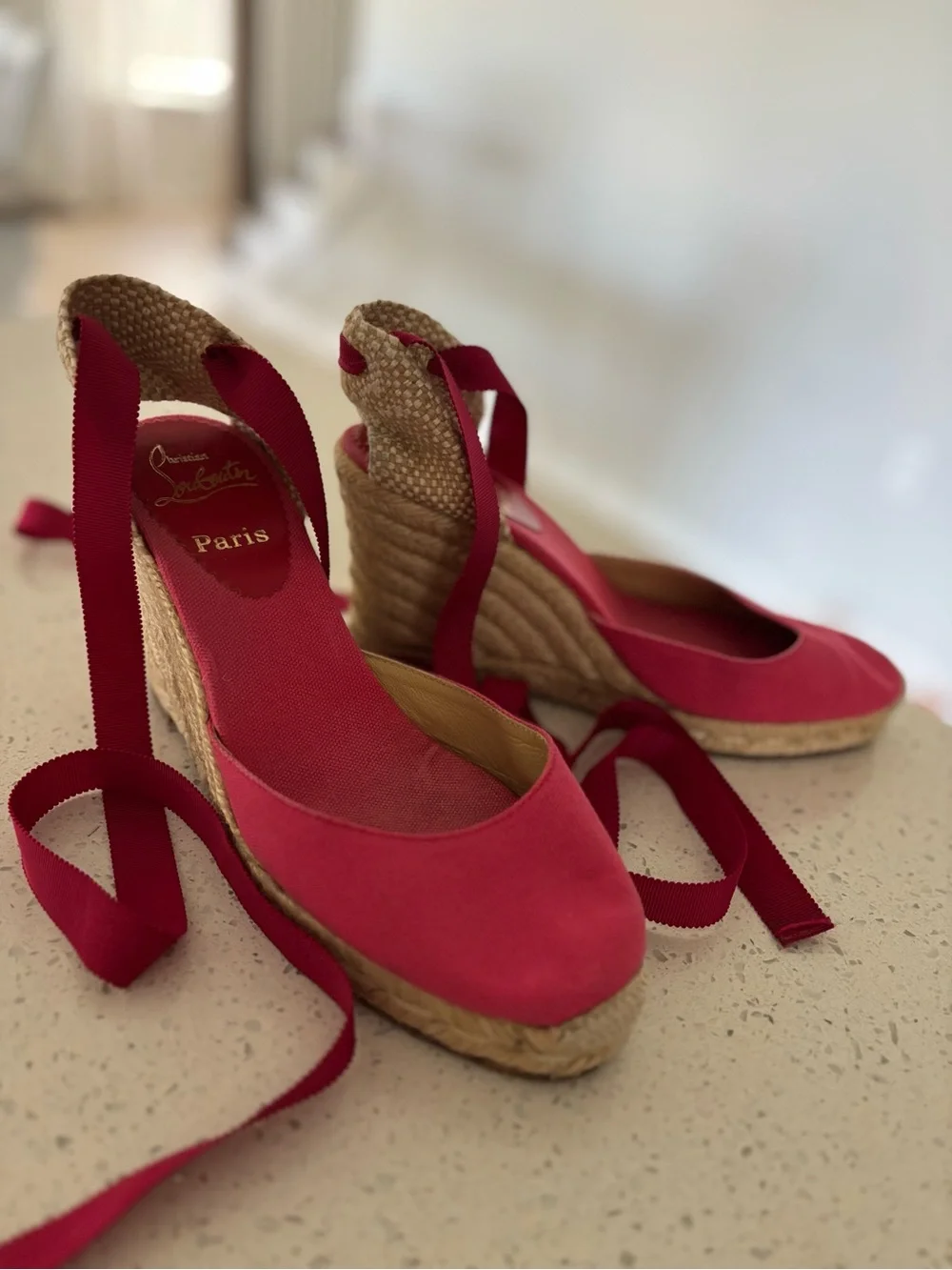Christian Louboutin Canvas Wedge Espadrilles Fuschia Pink Brigitte Ribbon Ankle